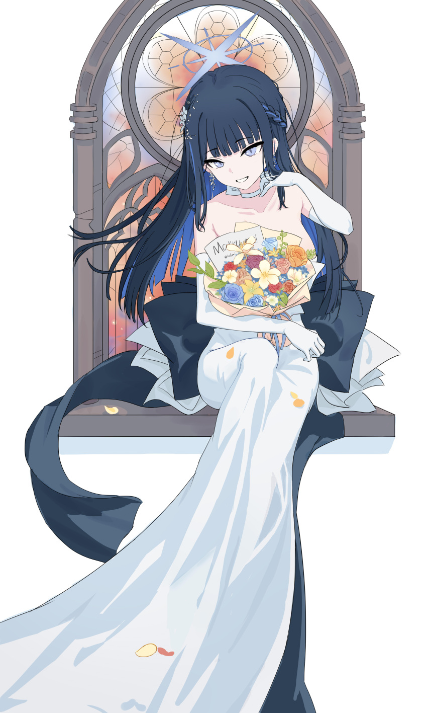 1girl absurdres black_hair blue_archive blue_eyes blue_flower blue_hair blue_halo bouquet breasts cleavage colored_inner_hair dress earrings elbow_gloves flower gloves grin hair_ornament halo highres holding holding_bouquet jewelry kulomi large_breasts long_hair multicolored_hair official_alternate_costume orange_flower purple_flower red_flower saori_(blue_archive) saori_(dress)_(blue_archive) smile solo white_dress white_flower white_gloves yellow_flower