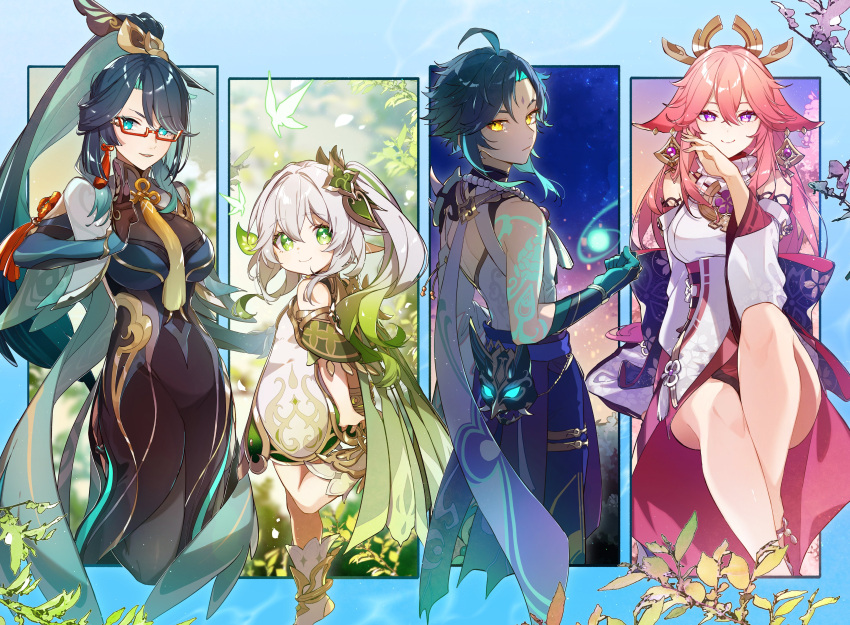 1boy 3girls absurdres ahoge aiwo_o_lite animal_ears bare_legs bare_shoulders black_gloves breasts chinese_clothes cleavage earrings elbow_gloves fox_ears fox_girl genshin_impact glasses gloves green_eyes green_hair grey_hair hair_ornament highres japanese_clothes jewelry long_hair looking_at_viewer looking_back mask miko multicolored_hair multiple_girls nahida_(genshin_impact) necklace pink_hair pointy_ears ponytail purple_eyes ribbon short_hair sitting smile standing standing_on_one_leg xianyun_(genshin_impact) xiao_(genshin_impact) yae_miko yellow_eyes