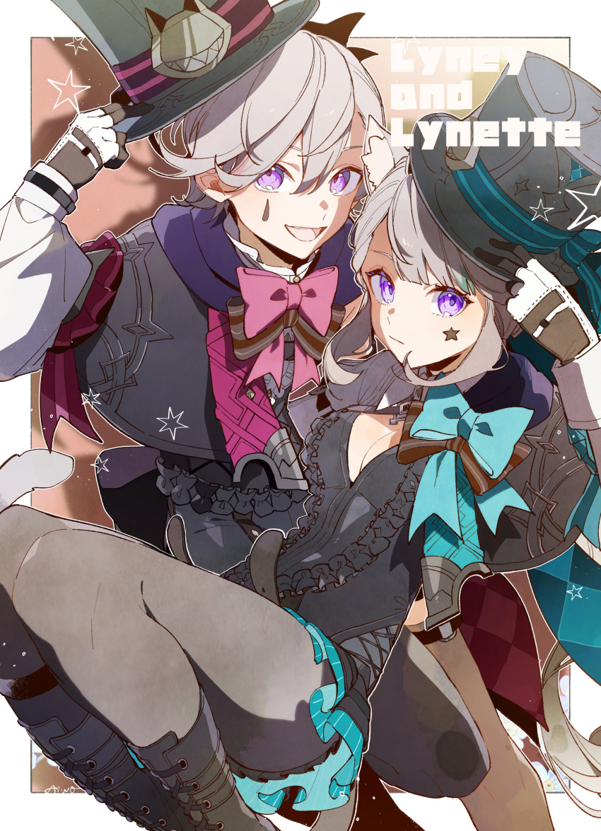 1girl absurdres aiwo_o_lite animal_ear_fluff animal_ears bow breasts brother_and_sister cat_ears cat_girl cat_tail cleavage facial_mark genshin_impact gloves grey_hair hat highres long_hair long_sleeves lynette_(genshin_impact) pantyhose purple_eyes siblings solo star_(symbol) star_facial_mark tail
