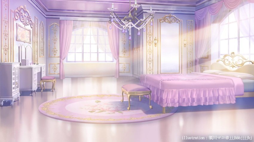 artist_name bed bedroom blanket cabinet chandelier cosmetics curtains day highres himeno_aimu indie_virtual_youtuber indoors muntins no_humans official_art painting_(object) pillow rug scenery stool sugawa_mako sunlight table vanity_table window