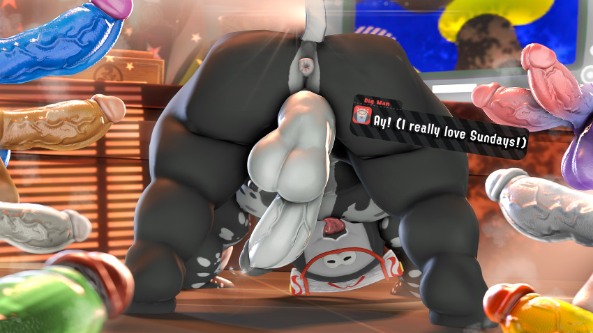 3d_(artwork) absurd_res anthro anus batoid bent_over big_man_(splatoon) butt digital_media_(artwork) english_text fish genitals grey_body group hi_res imminent_sex male manta_ray marine moonwulf nintendo penis penis_everywhere presenting presenting_anus speckled_body splatoon stingray text