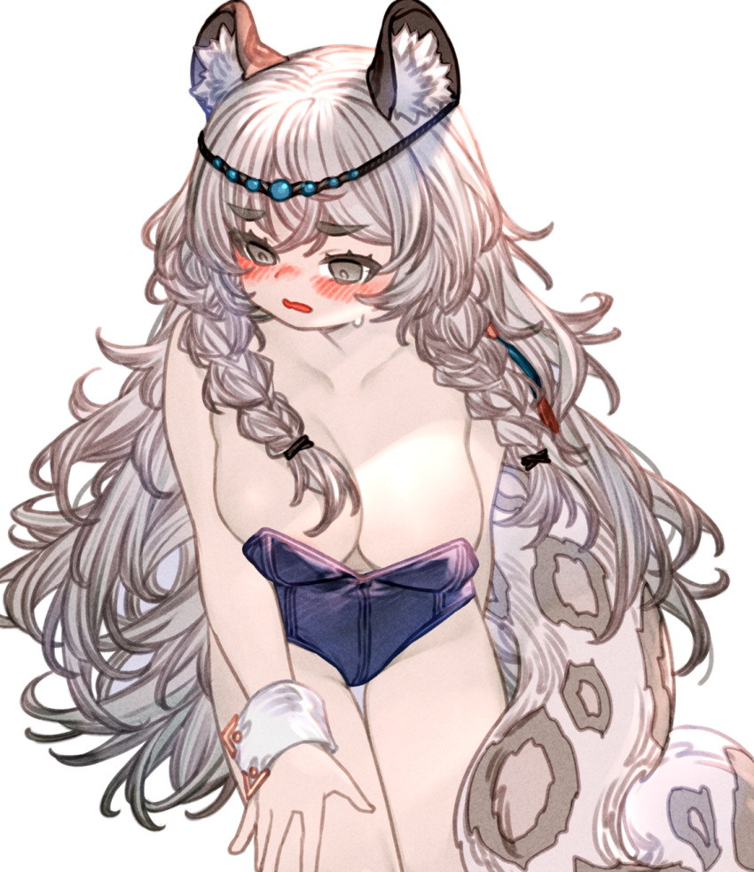 1girl animal_ear_fluff arknights blush braid breasts circlet grey_eyes grey_hair highres kochiya_(gothope) large_breasts leaning_forward leotard long_hair looking_to_the_side pramanix_(arknights) snow_leopard_ears snow_leopard_girl snow_leopard_tail solo strapless strapless_leotard twin_braids white_background wrist_cuffs