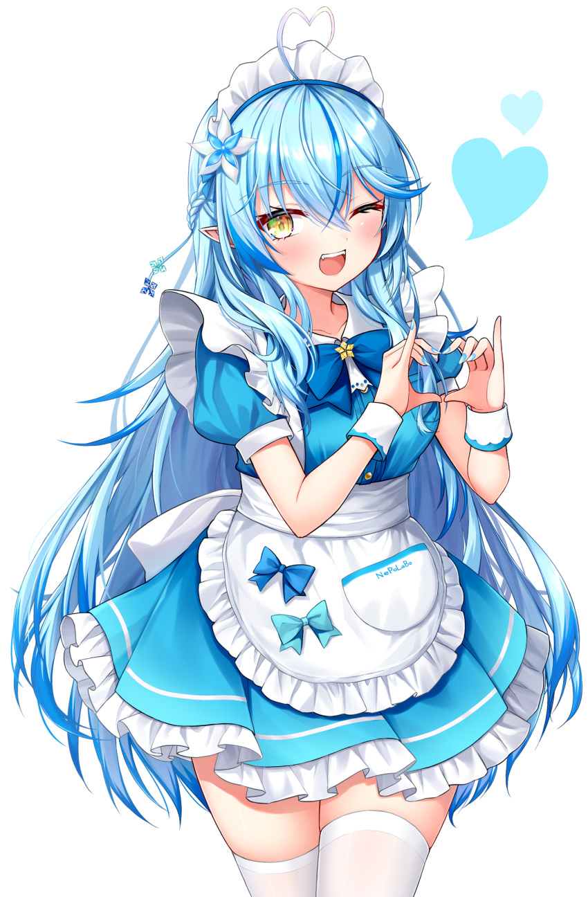 1girl ;d ahoge alternate_costume apron aqua_nails back_bow blue_bow blue_bowtie blue_dress blue_hair bow bowtie braid brooch collarbone collared_shirt crossed_bangs crossed_legs dress fangs flower frilled_apron frilled_dress frills hair_between_eyes hair_flower hair_ornament hair_over_shoulder hands_up heart heart_hands highres hololive hoshino_reiji jewelry light_blush long_hair looking_at_viewer maid maid_apron maid_headdress multicolored_hair one_eye_closed open_mouth pleated_dress pointy_ears puffy_short_sleeves puffy_sleeves shirt short_sleeves sidelocks simple_background smile snowflake_hair_ornament standing streaked_hair teeth thighhighs upper_teeth_only very_long_hair virtual_youtuber white_apron white_background white_bow white_shirt white_thighhighs wrist_cuffs yellow_eyes yukihana_lamy
