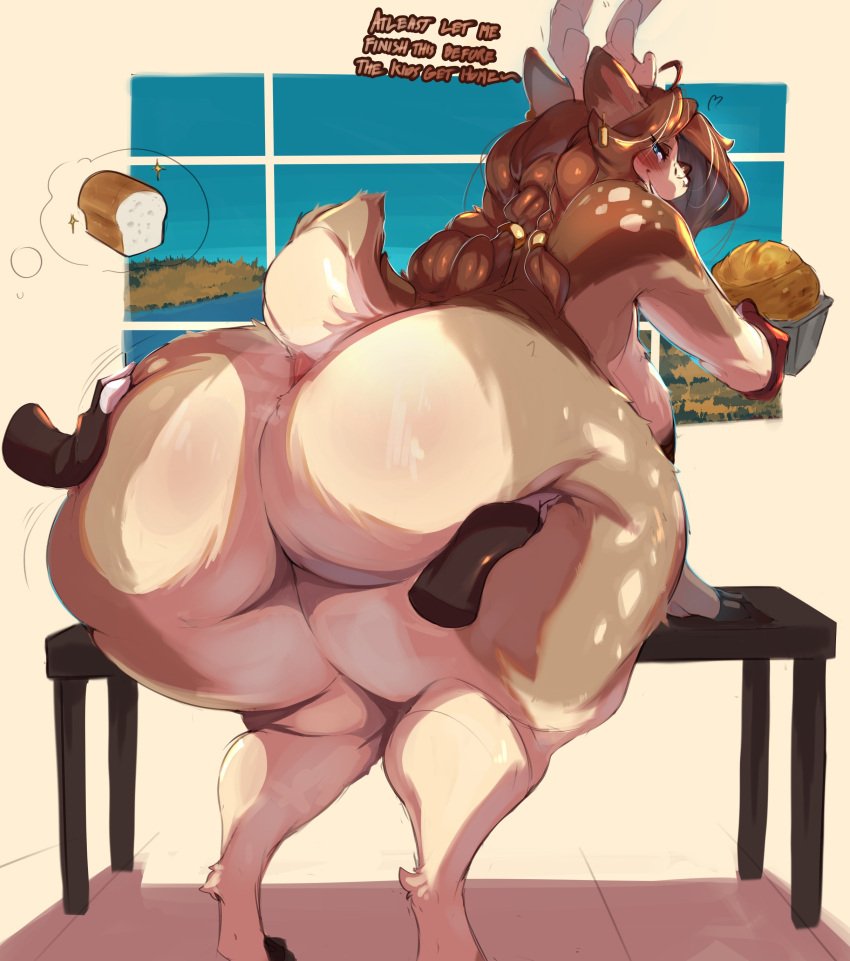 absurd_res ambiguous_gender anthro antlers bent_over big_breasts big_butt blush bottom_heavy bread breasts brown_hair butt butt_grab clothing deer dialogue disembodied_hand dock_(anatomy) doncogneetoe duo female female_focus food hair hand_on_butt handwear hi_res horn huge_breasts huge_butt huge_thighs hyper hyper_butt hyper_hips hyper_thighs inside mammal mature_female nude oven_mitts siobhan_(inu-sama) smile solo_focus tail thick_thighs voluptuous_anthro voluptuous_female window
