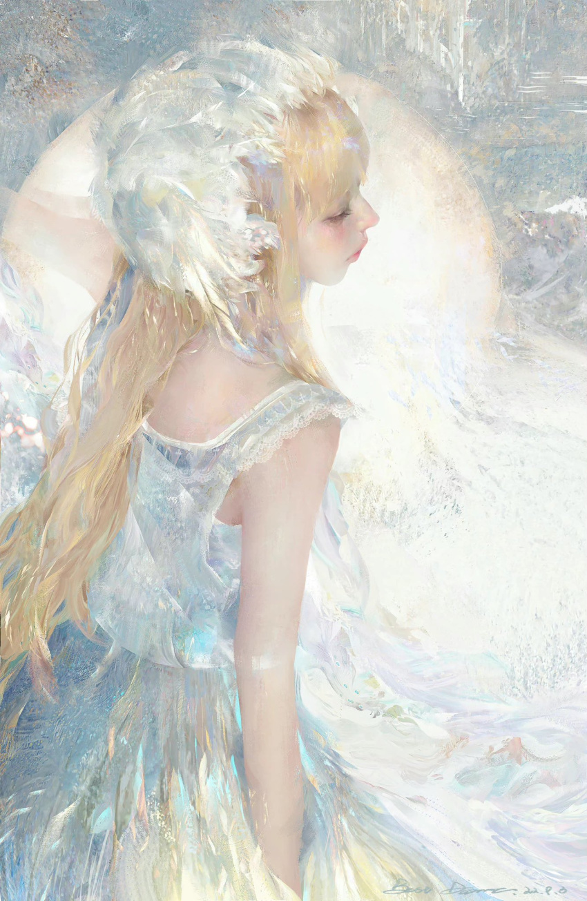 1girl abstract bestdaimt blonde_hair dress facing_away feathers from_side highres lace-trimmed_dress lace_trim lips long_hair nose original profile realistic sleeveless sleeveless_dress solo wavy_hair white_dress white_theme