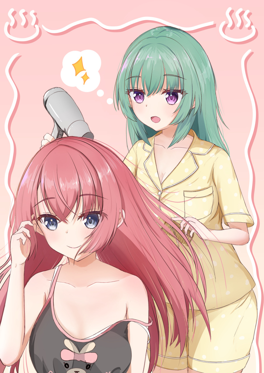 2girls absurdres after_bathing alternate_costume alternate_hairstyle black_camisole blue_eyes blush breasts camisole cleavage closed_mouth collarbone commentary_request cowboy_shot crossed_bangs drying drying_hair eyelashes eyes_visible_through_hair floating_hair green_hair hair_between_eyes hair_down hair_dryer hand_up highres holding holding_hair holding_hair_dryer large_breasts long_hair looking_afar looking_at_another medium_hair multiple_girls open_mouth ozato_fumika pajamas pink_background polka_dot polka_dot_pajamas purple_eyes red_hair sidelocks simple_background smile spoken_sparkle straight_hair strap_slip takadate_orie tenshi_souzou_re-boot! thought_bubble tsubatyissimo2 tsurime upper_body very_long_hair yellow_pajamas