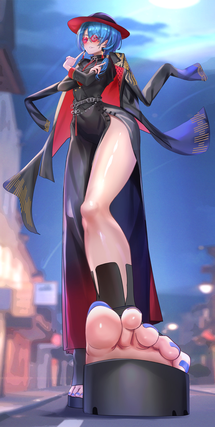 1girl absurdres belt black_belt black_dress black_jacket blue_hair blue_nails blurry blurry_background dorsiflexion dress feet foot_focus foreshortening glasses hair_over_shoulder highres hololive hoshimachi_suisei hoshimachi_suisei_(8th_costume) jacket jacket_on_shoulders jagoo legs long_hair looking_at_viewer nail_polish official_alternate_costume outdoors parted_bangs parted_lips platform_footwear sandals shiny_skin side_slit solo thighs toenail_polish toenails toes virtual_youtuber