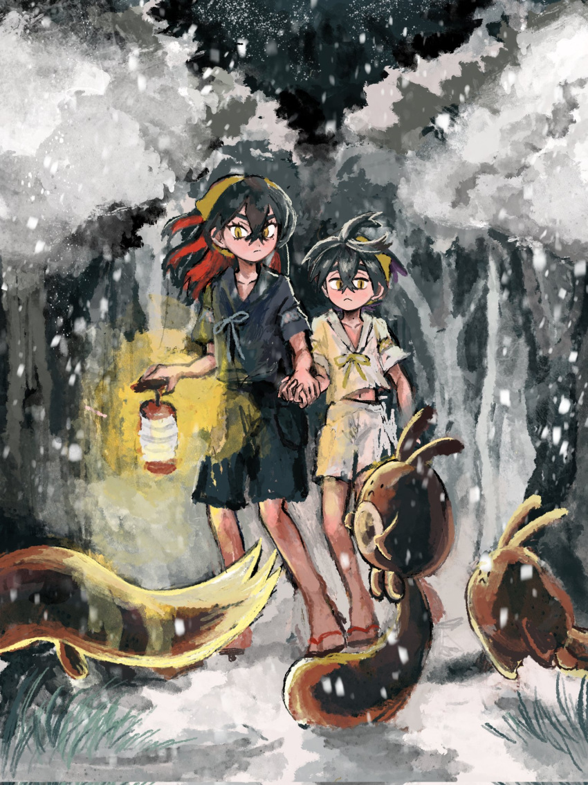 1boy 1girl :&lt; black_hair brother_and_sister carmine_(pokemon) closed_mouth corrupted_twitter_file crossed_bangs furret hair_between_eyes hairband highres holding holding_hands holding_lantern japanese_clothes kieran_(pokemon) lantern long_hair mole mole_on_neck mole_under_eye outdoors pokemon pokemon_(creature) pokemon_sv purple_hair sentret siblings snow snowing standing tree wrozzii yellow_eyes