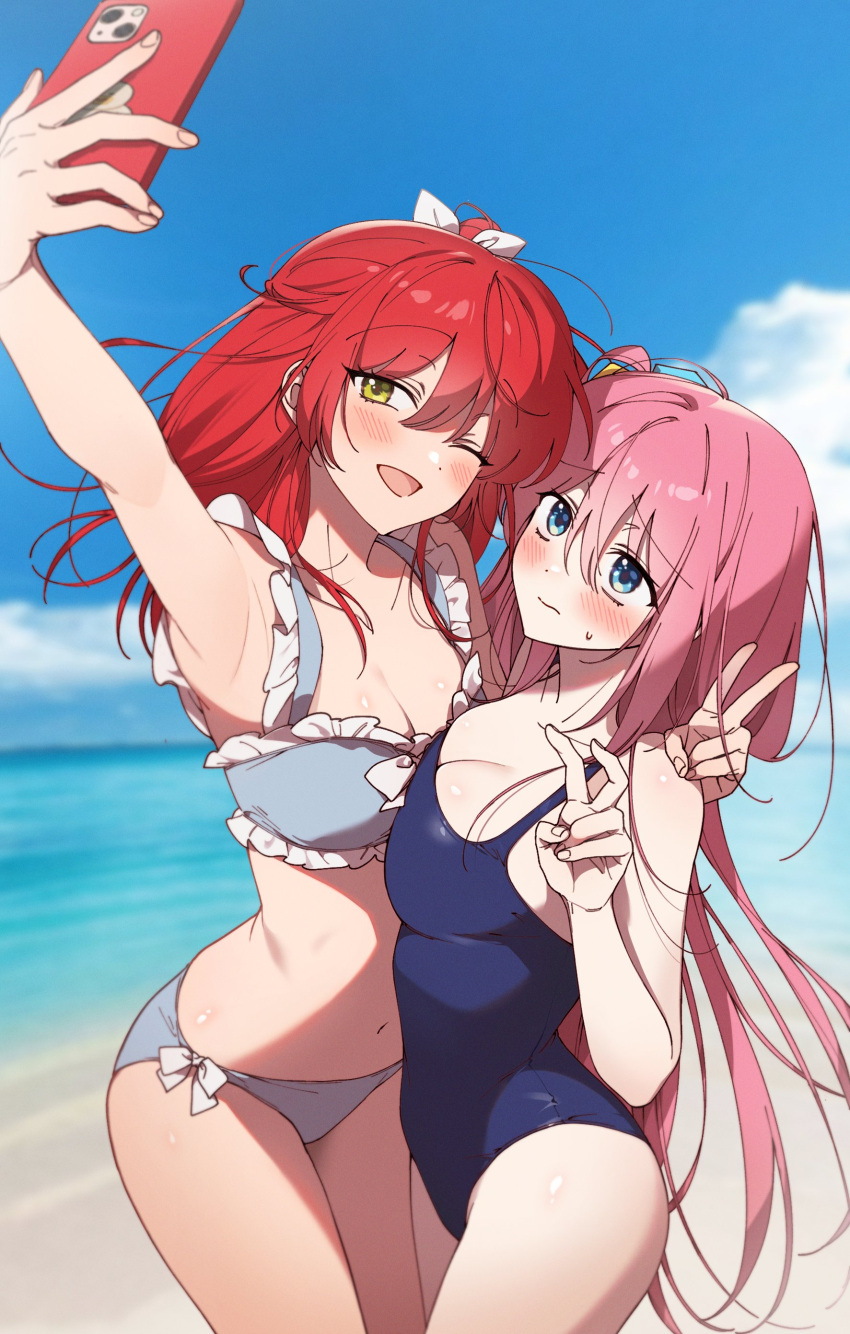 2girls absurdres arm_around_neck arm_up armpits beach bikini blue_bikini blue_eyes blue_one-piece_swimsuit blue_sky blush bocchi_the_rock! breast_press breasts cellphone cleavage closed_mouth cloud competition_school_swimsuit cowboy_shot cube_hair_ornament day dot_nose embarrassed frilled_bikini frills furrowed_brow gotoh_hitori green_eyes hair_between_eyes hair_ornament hair_ribbon hashtag_only_commentary headal_(commi_ggb) highres holding holding_phone kita_ikuyo large_breasts long_hair looking_at_phone medium_breasts multiple_girls navel ocean one-piece_swimsuit one_eye_closed open_mouth outdoors phone pink_hair raised_eyebrows red_hair ribbon school_swimsuit selfie shore sky smartphone smile standing sweatdrop swimsuit taking_picture v very_long_hair water wavy_mouth white_ribbon