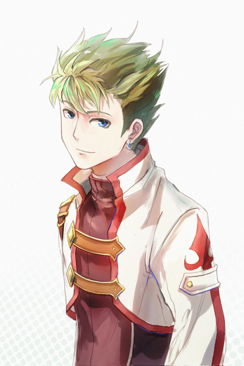 1boy blue_eyes cropped_jacket earrings eiyuu_densetsu ffuald1013 green_hair highres jewelry kevin_graham looking_at_viewer portrait simple_background smile solo sora_no_kiseki spiked_hair upper_body white_background