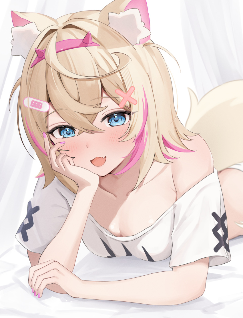 1girl absurdres animal_ear_fluff animal_ears bandaid bandaid_hair_ornament blonde_hair blush breasts cleavage cropped_shirt dog_ears dog_girl dog_tail fang hair_ornament highres hololive hololive_english looking_at_viewer medium_hair melvis mococo_abyssgard mococo_abyssgard_(1st_costume) multicolored_hair open_mouth pink_hair shirt skin_fang small_breasts smile solo streaked_hair tail virtual_youtuber white_background white_shirt x_hair_ornament