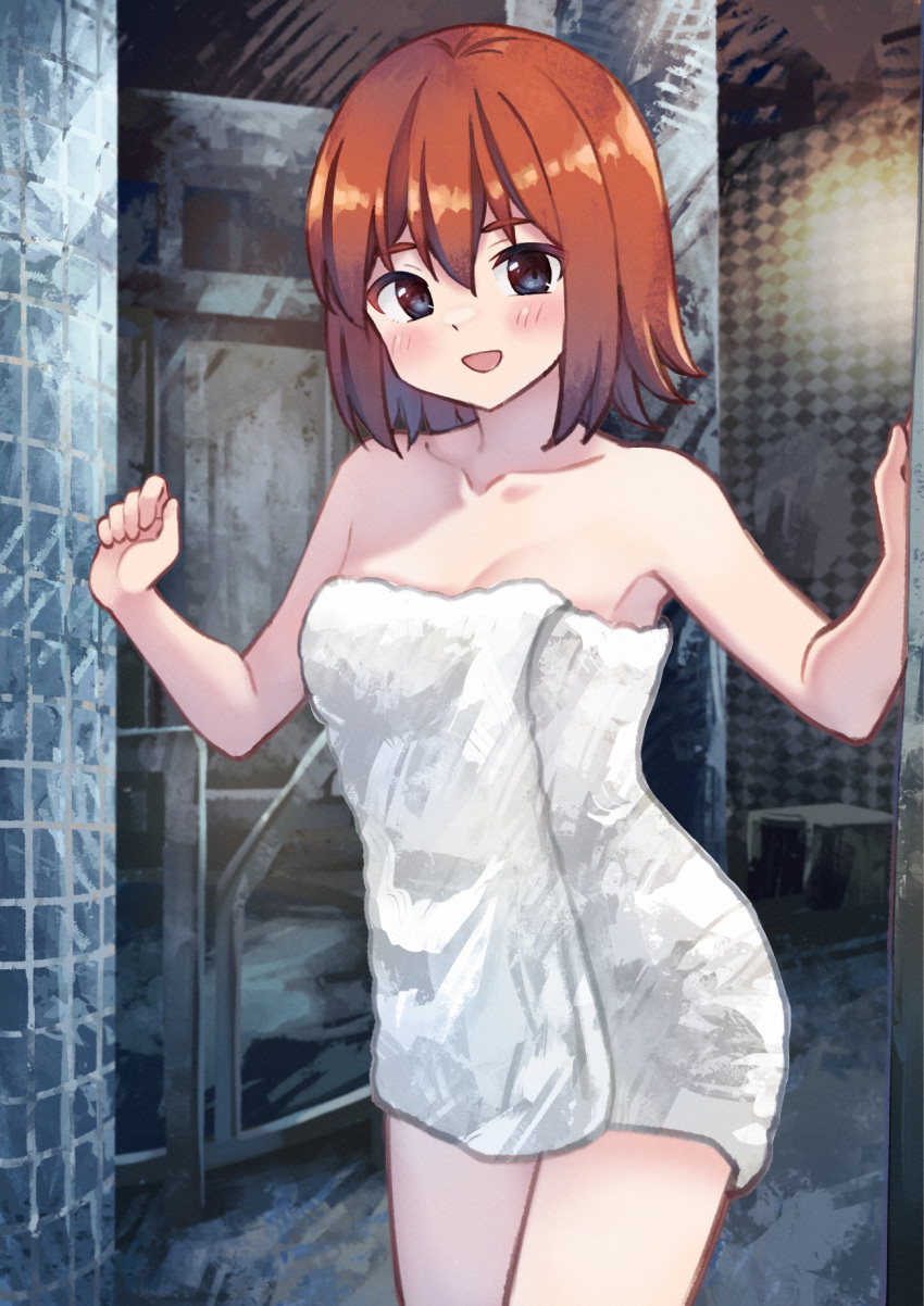 1girl :d akatsuki_miho akemiho_tabi_nikki blue_eyes blush bob_cut breasts collarbone commentary curled_fingers hair_between_eyes hand_on_wall highres kouno_hikaru medium_breasts naked_towel onsen open_mouth red_hair short_hair smile solo standing tile_wall tiles towel w_arms white_towel