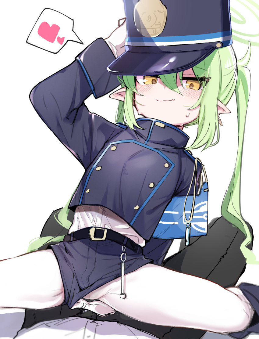 1boy 1girl absurdres armband belt black_shorts blue_archive blue_armband blush buttons closed_mouth clothing_aside commentary_request double-breasted fang girl_on_top green_hair hat heart hetero highlander_twintails_conductor_(blue_archive) highres long_hair long_sleeves looking_at_viewer pantyhose pointy_ears pov pov_crotch shako_cap shirt_tucked_in short_shorts shorts shorts_aside simple_background smile solo_focus spoken_heart spread_legs straddling sweatdrop twintails utsusumi_kio white_background white_pantyhose yellow_eyes