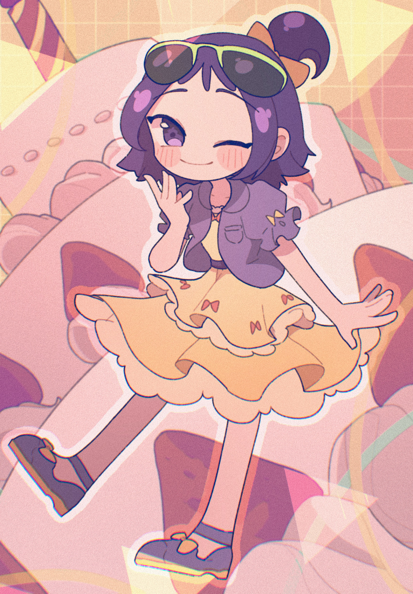 1girl ;) alternate_costume birthday_cake blush cake chinese_commentary closed_mouth commentary_request dress eyewear_on_head food fruit fukaro full_body hand_up highres jacket looking_at_viewer ojamajo_doremi one_eye_closed one_side_up purple_eyes purple_hair purple_jacket segawa_onpu shoes short_hair short_sleeves smile solo standing strawberry sunglasses yellow_dress