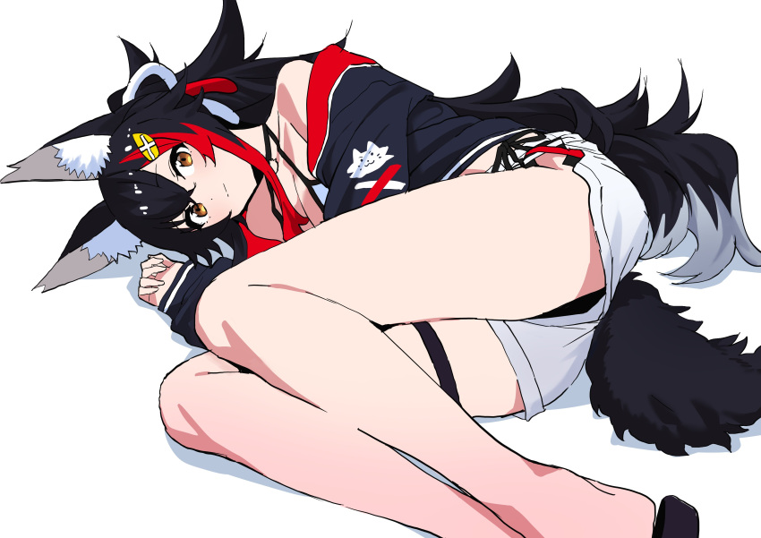 1girl absurdres animal_ear_fluff animal_ears bare_legs bikini bikini_under_clothes black_hair black_hoodie blush breasts brown_eyes closed_mouth double-parted_bangs feet_out_of_frame hair_ornament highres hololive hood hoodie legs long_sleeves looking_at_viewer lying medium_breasts multicolored_hair off_shoulder official_alternate_costume on_side ookami_mio ookami_mio_(hololive_summer_2019) red_hair sadamoto_hokuto sand short_shorts shorts simple_background single_bare_shoulder smile solo streaked_hair swimsuit tail thigh_strap v-shaped_eyebrows virtual_youtuber white_background white_shorts wolf_ears wolf_girl wolf_tail
