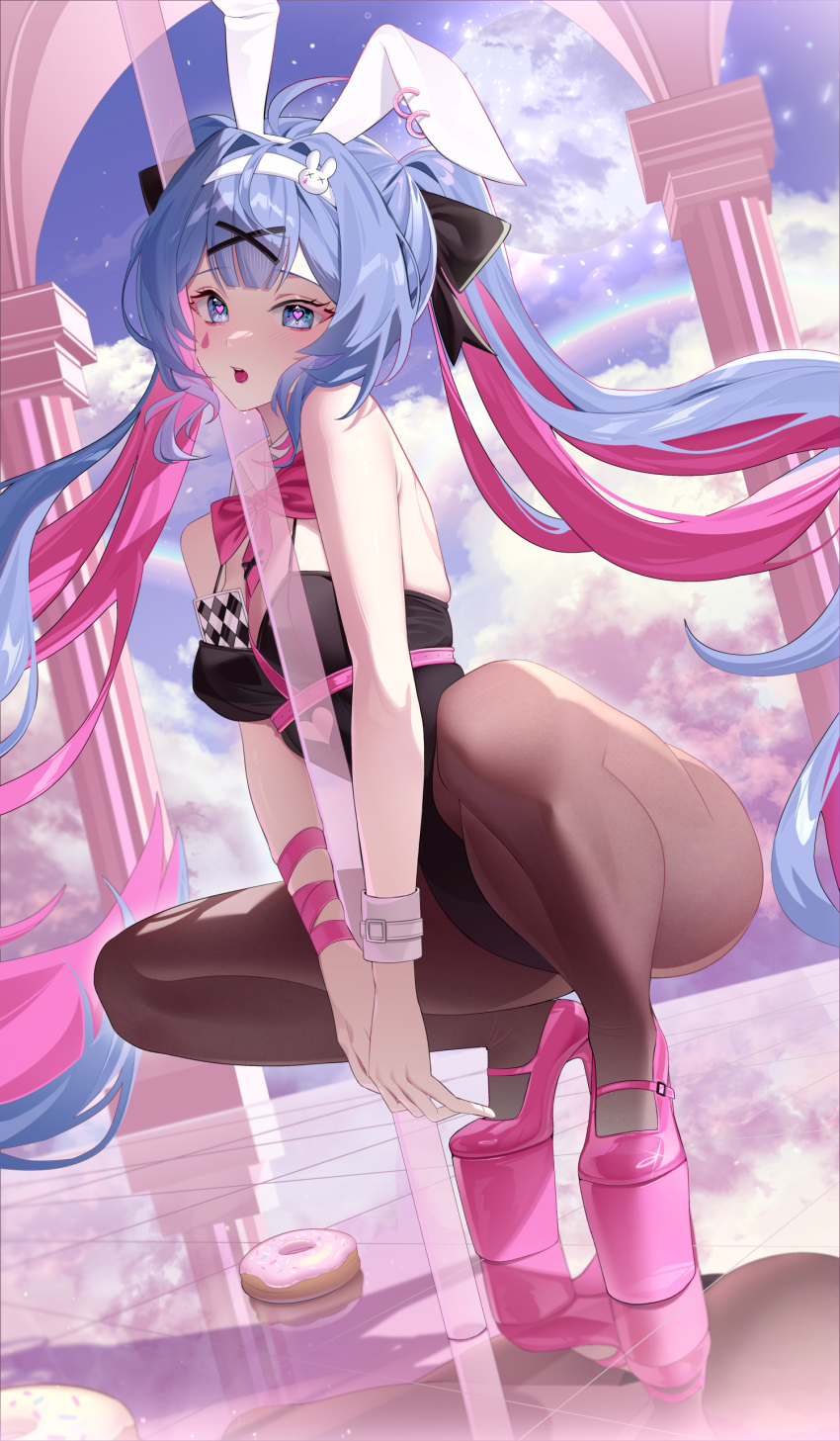 1girl absurdres animal_ear_piercing animal_ears aqua74286 arm_ribbon bare_shoulders black_leotard black_pantyhose blue_eyes blue_hair blue_sky bow bowtie card clothing_cutout cloud commentary_request cutout_above_navel detached_collar doughnut fake_animal_ears food full_body hair_ornament hairband hatsune_miku heart heart_cutout heart_in_eye highres leotard long_hair looking_at_viewer multicolored_hair object_in_bra open_mouth outdoors pantyhose pillar pink_bow pink_bowtie pink_hair pink_pupils pink_ribbon platform_footwear platform_heels playboy_bunny pole rabbit_ears rabbit_hole_(vocaloid) rainbow reflective_floor ribbon sky solo squatting stripper_pole sweatdrop symbol_in_eye teardrop_facial_mark twintails two-tone_hair very_long_hair vocaloid white_bracelet white_hairband x_hair_ornament