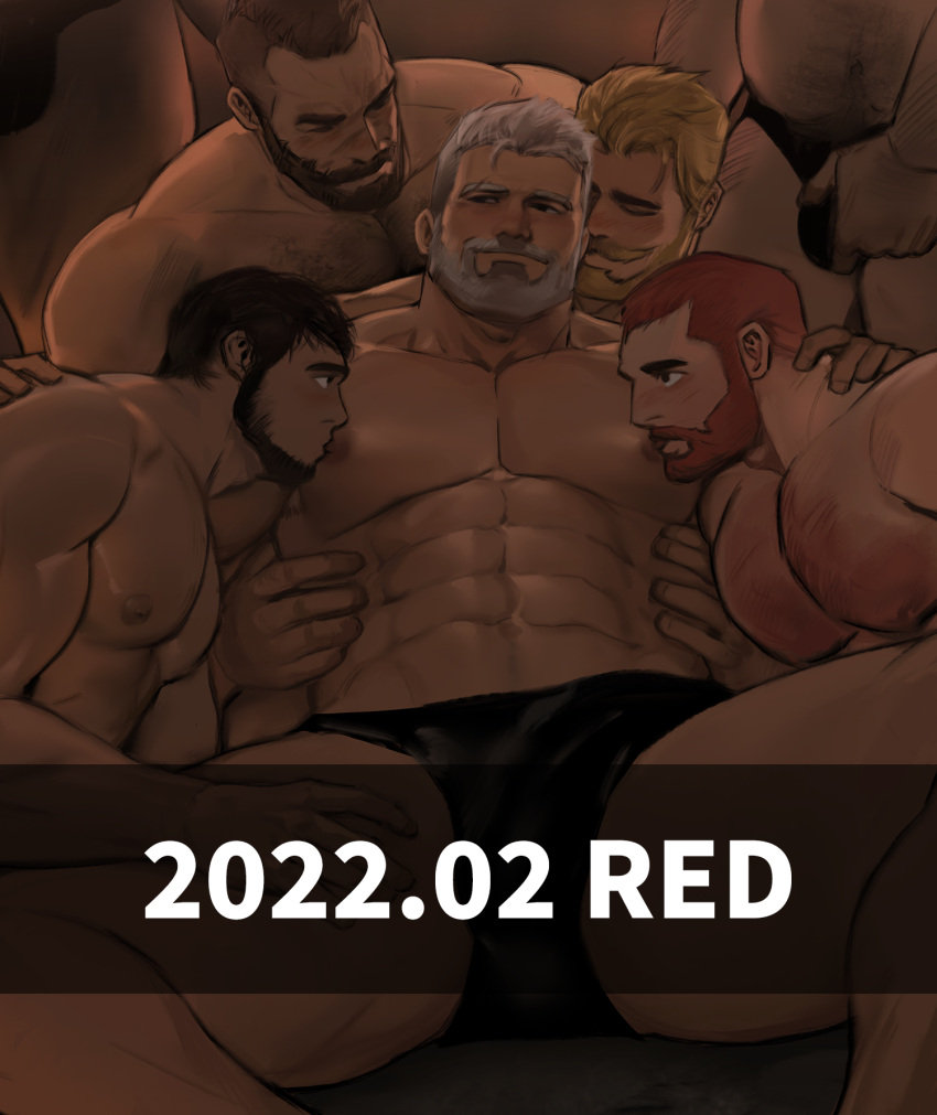 6+boys bara beard belly blonde_hair briefs brown_hair dated dopey_(dopq) erection eye_contact facial_hair feet_out_of_frame full_beard hairy hand_on_another's_thigh highres imminent_gangbang large_pectorals looking_at_another male_focus male_underwear mature_male multiple_boys muscular muscular_male navel navel_hair nipples orange_hair original out_of_frame paid_reward_available pectorals plump receding_hairline short_hair solo_focus spread_legs standing sucking_male_nipple thick_beard thick_chest_hair thick_eyebrows topless_male underwear watermark white_hair