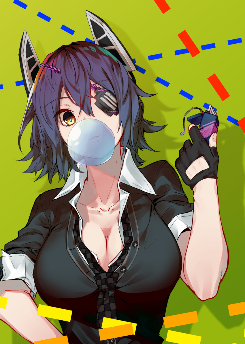 1girl absurdres black_gloves black_necktie black_shirt breasts checkered_necktie chewing_gum cigarette_pack cleavage collarbone commentary_request eyepatch gloves hair_between_eyes headgear highres holding holding_cigarette_pack kantai_collection looking_at_viewer medium_breasts necktie one_eye_covered parted_lips partially_fingerless_gloves purple_hair school_uniform shirt short_hair solo tenryuu_(kancolle) upper_body yaminabe_(yam1_nabe) yellow_eyes