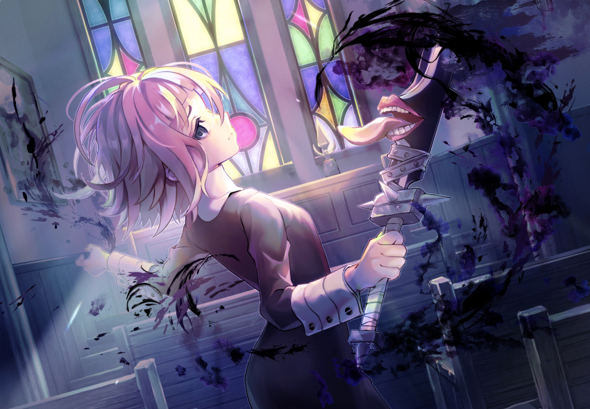1other androgynous black_blood black_dress blood blood_splatter choppy_bangs church crona_(soul_eater) dress from_side grey_eyes hair_between_eyes highres holding holding_sword holding_weapon indoors long_sleeves looking_at_viewer mkr_(wepn3428) night pink_hair profile ragnarok_(demon_sword) ringed_eyes short_hair solo soul_eater stained_glass sword upper_body weapon