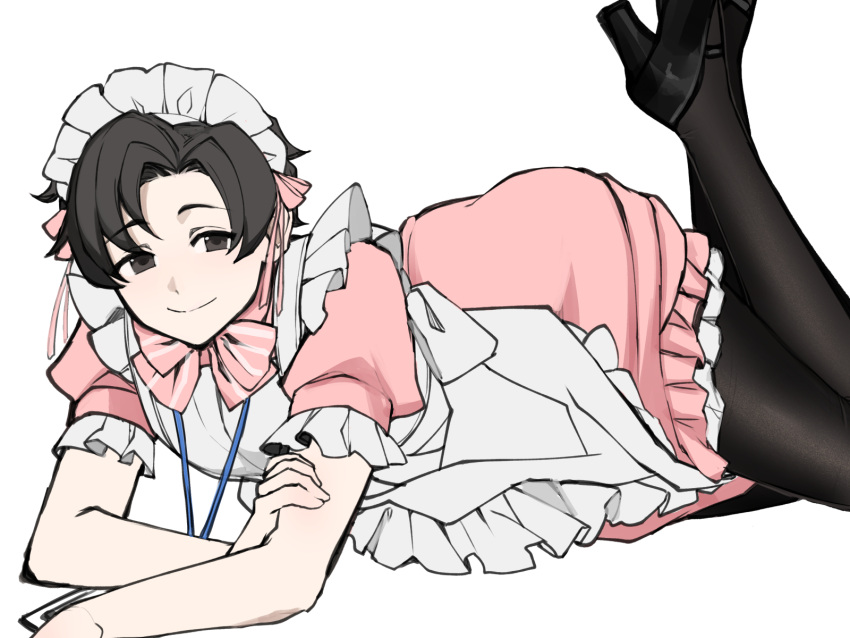 1boy apron black_eyes black_footwear black_hair black_pantyhose blue_archive blue_archive_the_animation bow bowtie crossdressing dress english_commentary hair_ribbon hand_on_own_arm high_heels highres kyou_(ningiou) looking_at_viewer lying maid maid_apron maid_headdress male_focus pantyhose pink_bow pink_bowtie pink_dress pink_ribbon puffy_short_sleeves puffy_sleeves ribbon sensei_(blue_archive) sensei_(blue_archive_the_animation) short_hair short_sleeves simple_background smile solo striped_bow striped_bowtie striped_clothes voice_actor_connection white_background