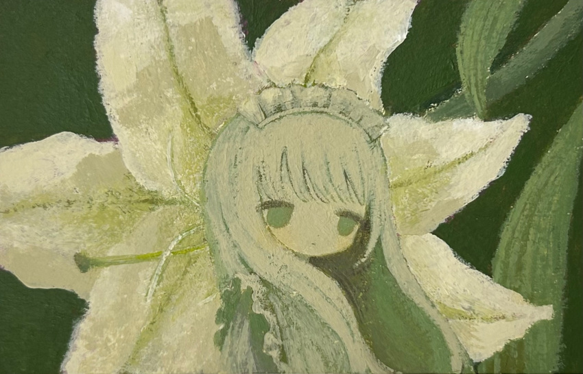 1girl apron closed_mouth dot_nose expressionless floral_background flower frilled_apron frills green_background green_eyes grey_eyes grey_hair highres ju6mei leaf long_hair maid_headdress no_pupils no_sclera original painting_(medium) solo traditional_media upper_body white_flower