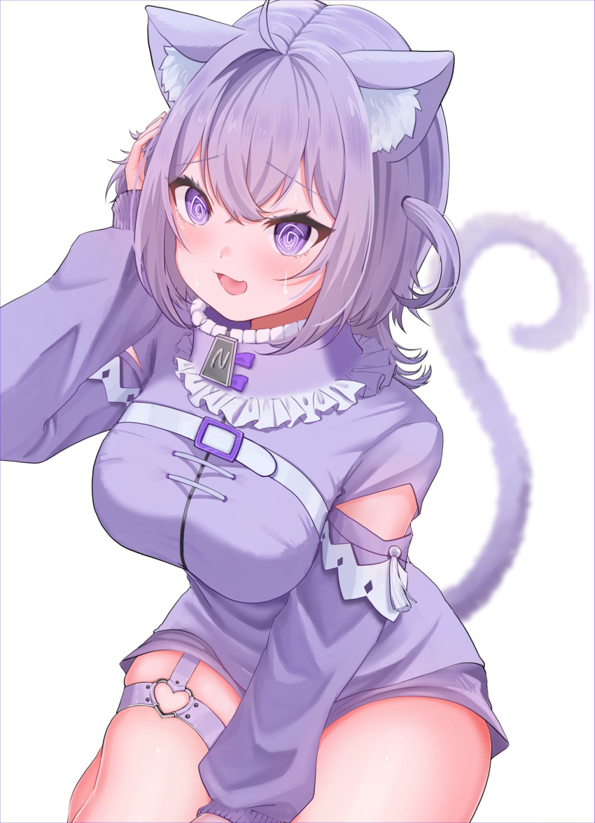 1girl @_@ ahoge animal_ear_fluff animal_ears blush breasts cat_ears cat_girl cat_tail heart_o-ring highres hololive jacket large_breasts looking_at_viewer medium_hair nekomata_okayu nekomata_okayu_(membership) o-ring o-ring_thigh_strap official_alternate_costume open_mouth purple_eyes purple_hair purple_jacket smile solo tail thigh_strap two_side_up virtual_youtuber white_background yamazakura118