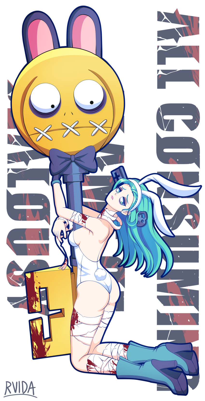 1girl a.b.a absurdres animal_ears ass bags_under_eyes bandages blood blood_on_bandages chain green_hair guilty_gear guilty_gear_strive highres key_in_head leotard looking_at_viewer object_through_head paracelsus_(guilty_gear) playboy_bunny rabbit_ears rvida stitches
