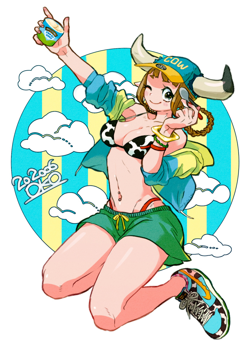 1girl 2020 ;) animal_ears animal_print arm_up artist_name ball bare_legs baseball_cap ben_&amp;_jerry's bikini bikini_under_clothes border bracelet braid braided_hair_rings breasts brown_hair chinese_zodiac cleavage cloud collarbone cow_ears cow_girl cow_horns cow_print dated drawstring ear_piercing earrings english_commentary floating food full_body green_shorts hair_rings hand_up hat highres holding holding_spoon hood horns ice_cream ice_cream_cup jacket jewelry legs looking_at_viewer medium_breasts mixed-language_commentary navel navel_piercing one_eye_closed orico_(oko) original outside_border piercing pointy_ears print_bikini shoelaces shoes shorts smile sneakers solo spoon swimsuit thighs twin_braids two-tone_background white_border year_of_the_ox
