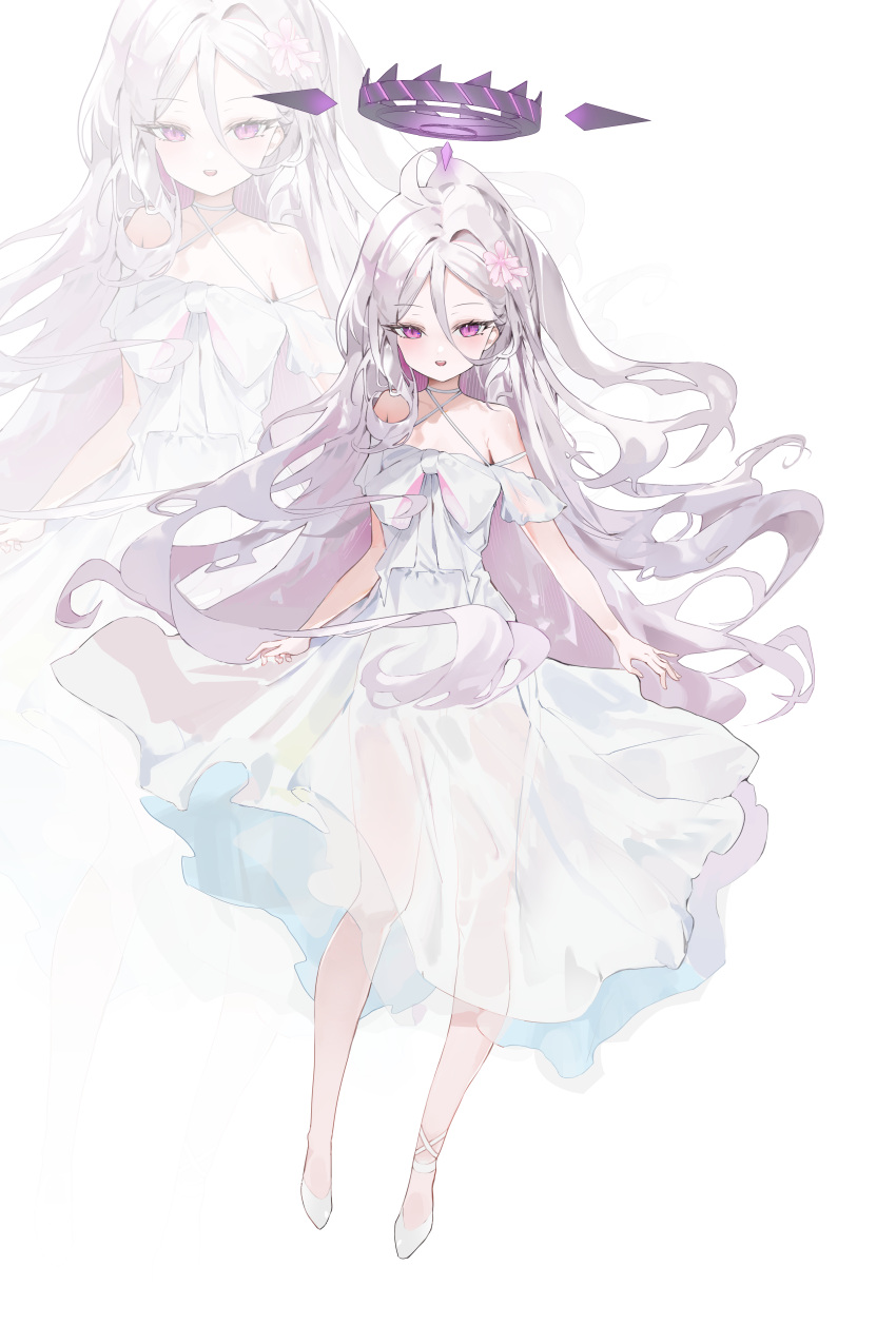 1girl absurdres alternate_costume blue_archive dress flat_chest flower full_body hair_flower hair_ornament halo halterneck highres hina_(blue_archive) long_hair looking_at_viewer open_mouth pink_flower purple_eyes r_aeel shoes short_sleeves simple_background smile solo white_background white_dress white_footwear white_hair zoom_layer