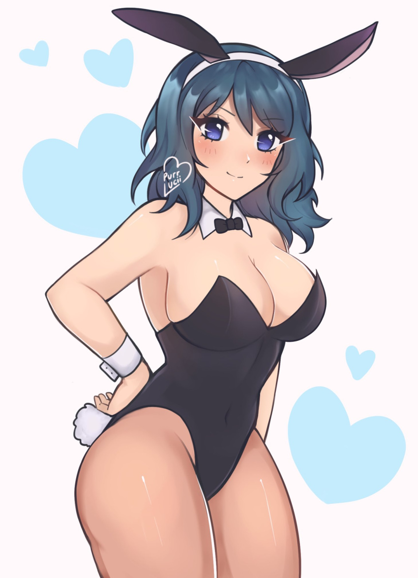1girl animal_ears bare_arms bare_shoulders blue_eyes blue_hair blush breasts byleth_(female)_(fire_emblem) byleth_(fire_emblem) cleavage commentary covered_navel cowboy_shot detached_collar fake_animal_ears fake_tail fire_emblem fire_emblem:_three_houses grey_background hairband heart highres large_breasts long_hair looking_at_viewer purrlucii rabbit_ears rabbit_tail simple_background smile solo standing tail thighs white_hairband wrist_cuffs