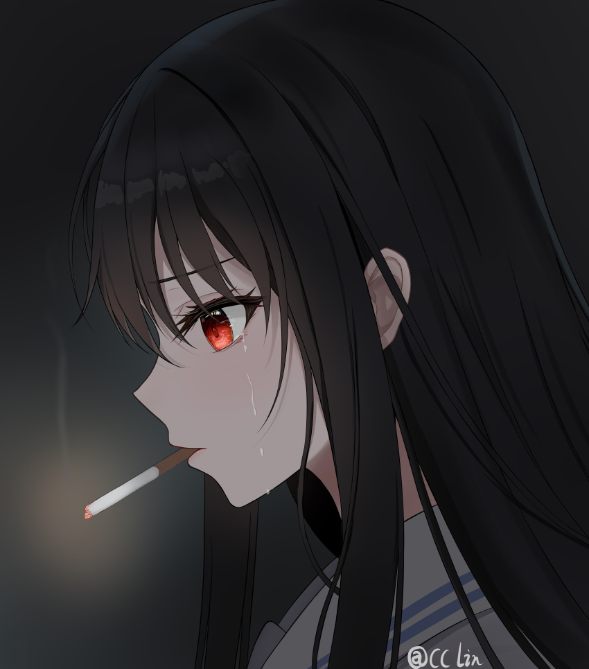 1girl absurdres black_background black_hair cc_lin chinese_commentary cigarette close-up commentary_request crying crying_with_eyes_open dark eyelashes from_side hair_between_eyes highres long_hair original portrait profile red_eyes sad sailor_collar signature simple_background smoke smoking solo straight_hair streaming_tears tears tsurime white_sailor_collar