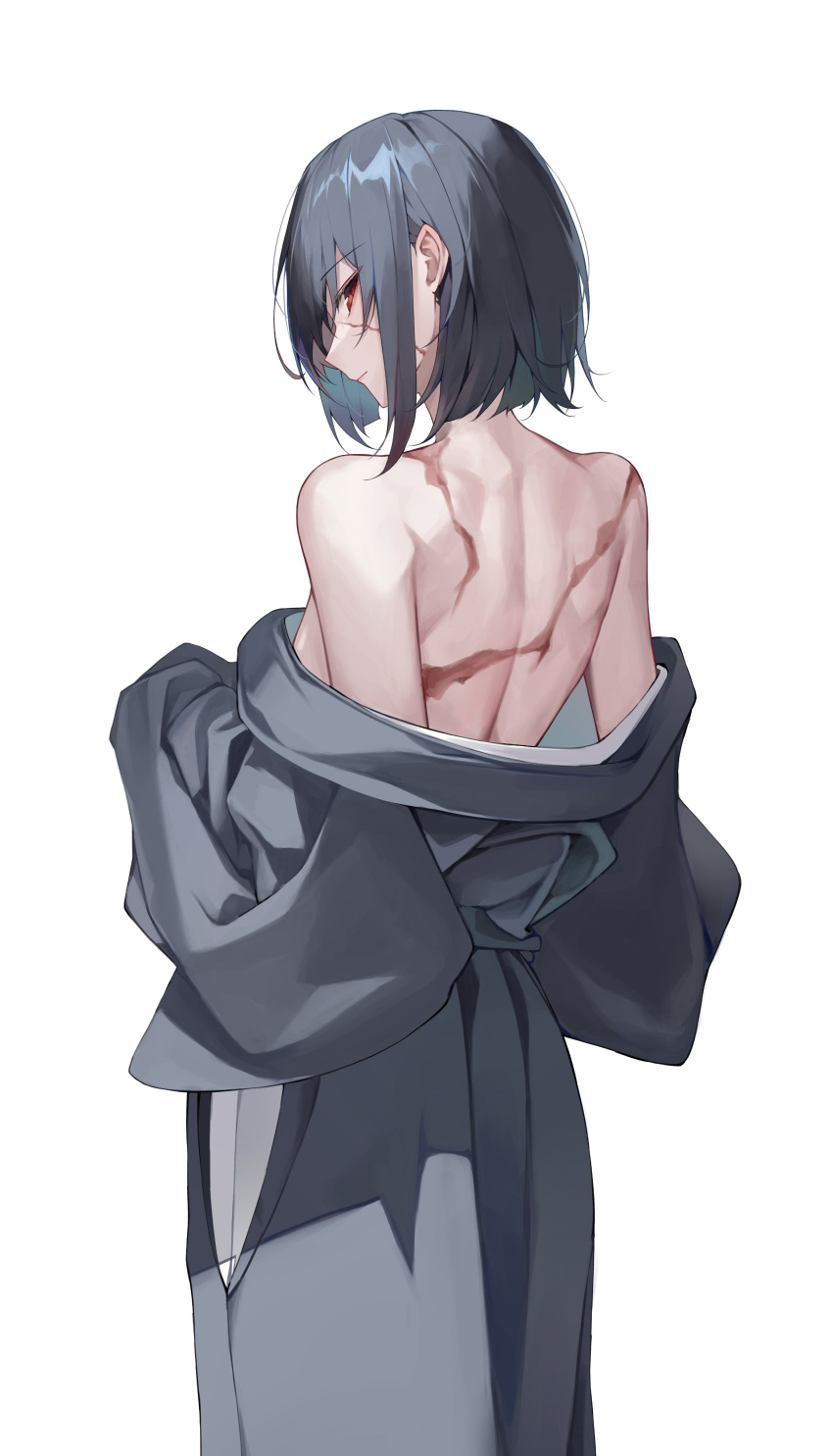 1girl absurdres bare_shoulders black_hair black_kimono closed_mouth commentary_request from_behind highres japanese_clothes kimono limbus_company looking_at_viewer looking_back median_furrow off_shoulder project_moon red_eyes ryo_e ryoshu_(project_moon) scar scar_on_back scar_on_face scar_on_shoulder short_hair sidelocks simple_background solo standing undressing white_background