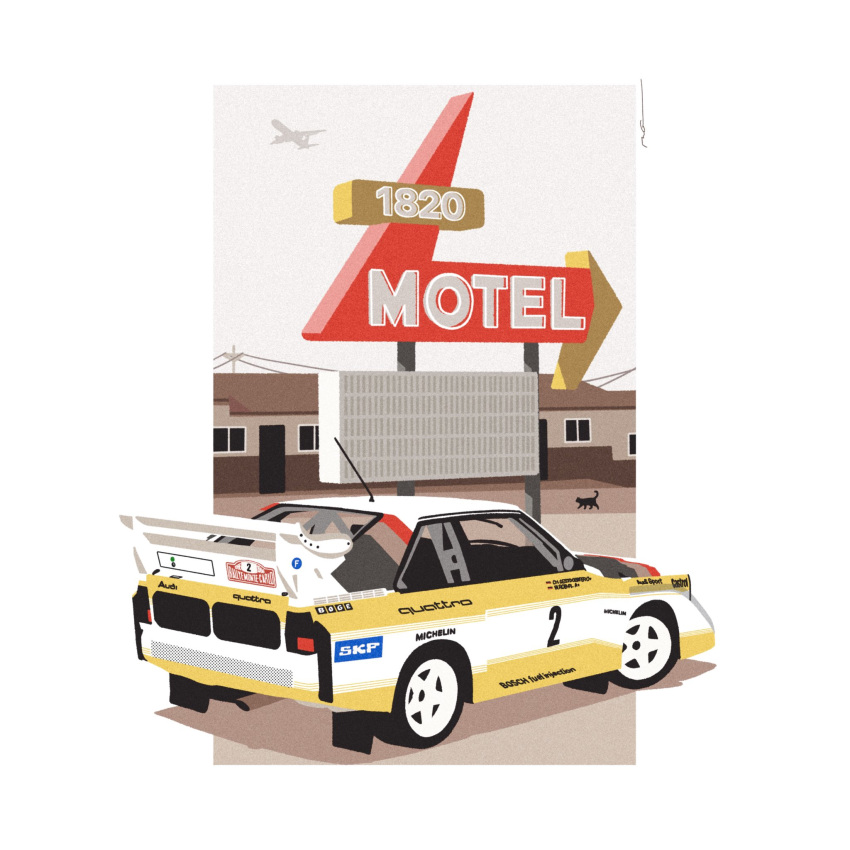 audi audi_quattro car cat from_side highres hotel motor_vehicle no_humans race_vehicle racecar rally_car shadow solo vehicle_focus wang-tang_(_lose_control) world_rally_championship