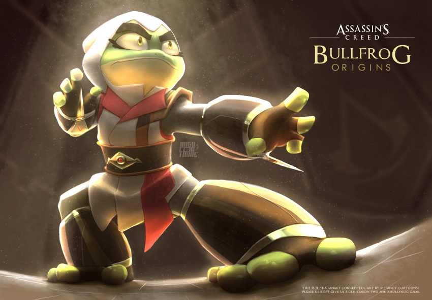 2023 4_fingers 4_toes absurd_res alternate_version_at_source amphibian angy_cortoons anthro assassin's_creed banner belt brown_clothing brown_gloves brown_handwear bullfrog_(captain_laserhawk) captain_laserhawk:_a_blood_dragon_remix clip_studio_paint clothing colored concept_art crossover digital_media_(artwork) english_text eyebrows feet fingerless_gloves fingers floor frog game_logo glistening_toes gloves green_body handwear hi_res hood inside light lighting looking_away male multicolored_body nostrills photoshop pose serious serious_face shaded shadow solo standing text thick_eyebrows tile tile_floor toes two_tone_body ubisoft underside_view watermark white_clothing white_hood yellow_body yellow_eyes yellow_sclera