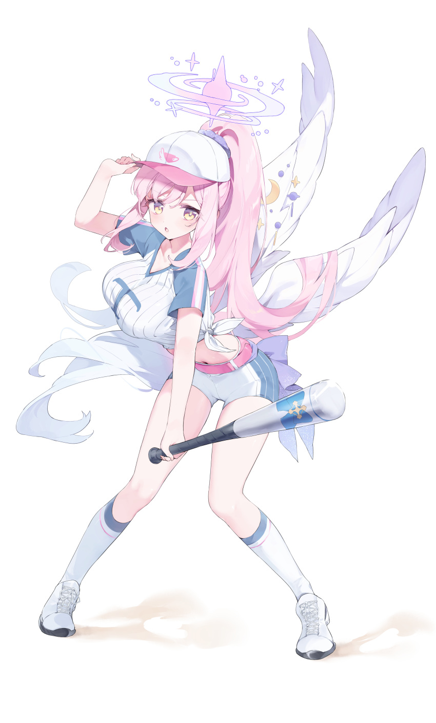 1girl absurdres alternate_costume alternate_hairstyle baseball_bat baseball_cap blue_archive breasts cross-laced_footwear feathered_wings full_body hair_between_eyes halo hand_up hat high_ponytail highres holding holding_baseball_bat kneehighs large_breasts long_hair looking_at_viewer meunhongcha mika_(blue_archive) navel parted_lips pink_hair shirt short_sleeves shorts simple_background socks solo standing white_background white_footwear white_hat white_shirt white_shorts white_socks white_wings wings yellow_eyes