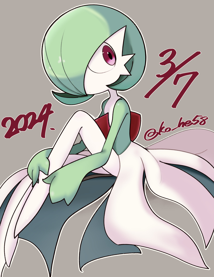 1girl absurdres artist_name bob_cut closed_mouth colored_skin commentary_request dated expressionless flat_chest full_body gardevoir green_hair green_skin grey_background hair_over_one_eye hand_on_own_leg highres invisible_chair knee_up komhey legs looking_to_the_side multicolored_skin one_eye_covered outline pokemon pokemon_(creature) red_eyes short_hair signature simple_background sitting solo twitter_username two-tone_skin white_outline white_skin