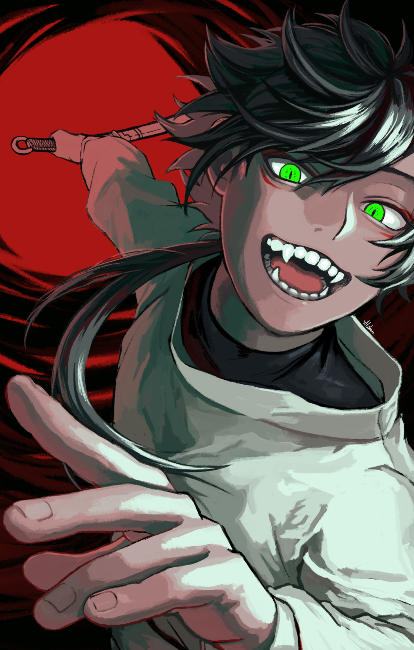 1boy absurdres alkan_p baggy_clothes black_hair commentary_request commission dynamic_pose eyeshadow facial_mark fangs foreshortening glowing glowing_eyes green_eyes highres holding holding_weapon incoming_attack long_hair looking_at_viewer low_ponytail makeup male_focus open_mouth original red_eyeshadow signature simple_background skeb_commission slit_pupils solo swept_bangs teeth upper_body weapon