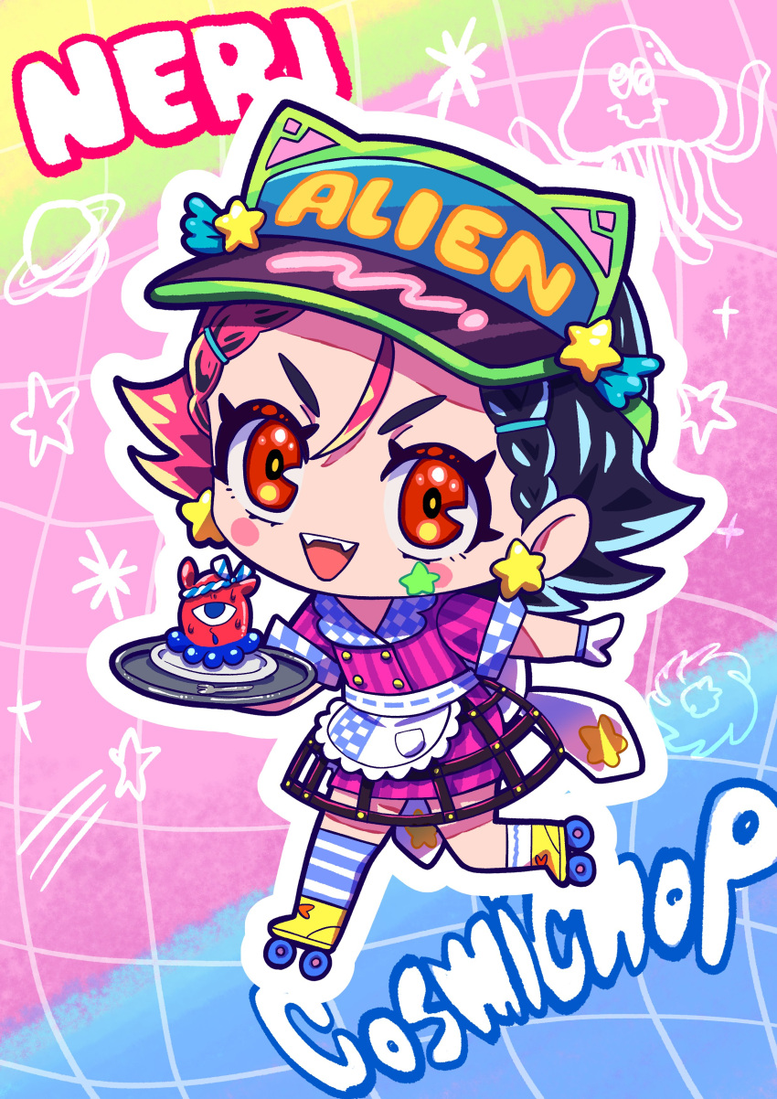 1girl :d absurdres amemura_neri apron black_hair chibi denonbu dress earrings fangs full_body hair_between_eyes highres holding holding_tray jewelry looking_at_viewer multicolored_hair official_alternate_costume official_art open_mouth orange_eyes outline pink_dress pink_hair roller_skates second-party_source short_hair skates smile smile_base_cafe solo standing standing_on_one_leg star_(symbol) star_earrings star_sticker takoyan_(denonbu) tray visor_cap waist_apron waitress wanowanoji67 white_apron white_outline yellow_footwear