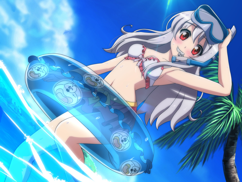 1girl absurdres arm_up bikini bikini_skirt breasts cloud dutch_angle frilled_bikini frills grin highres innertube long_hair looking_at_viewer navel outdoors palm_tree pink_skirt red_eyes skirt sky small_breasts smile snorkel solo swim_ring swimsuit tree umaemon umami-chan wading water white_hair yaokin yusyakandenti