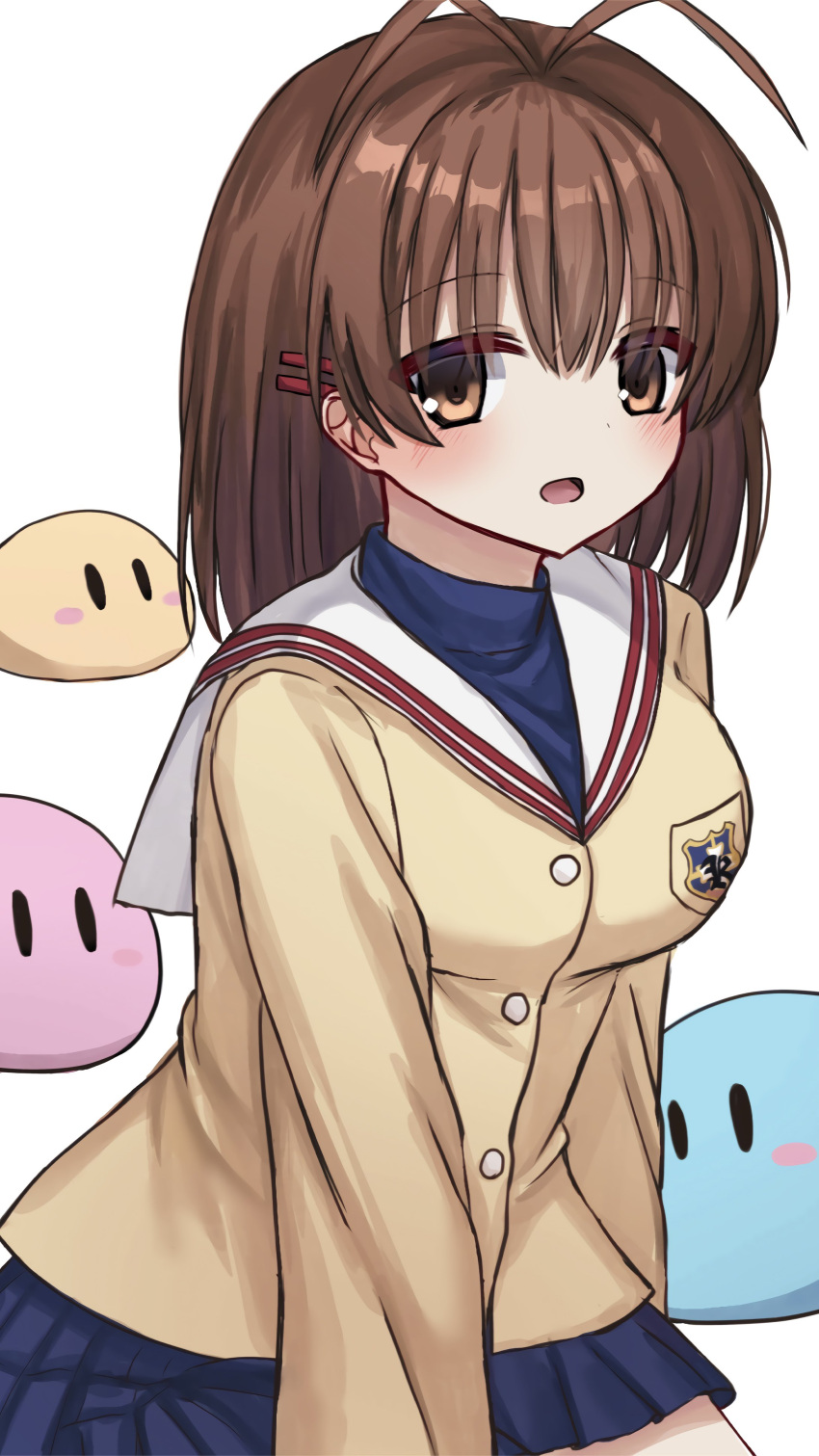 1girl absurdres antenna_hair blazer blue_skirt blush breasts brown_eyes brown_hair clannad commentary_request cowboy_shot dango_daikazoku furukawa_nagisa hair_ornament hairclip highres hikarizaka_private_high_school_uniform jacket looking_at_viewer mahigu_re medium_breasts medium_hair miniskirt open_mouth pleated_skirt sailor_collar school_uniform serafuku simple_background skirt smile solo straight_hair white_background white_sailor_collar yellow_jacket