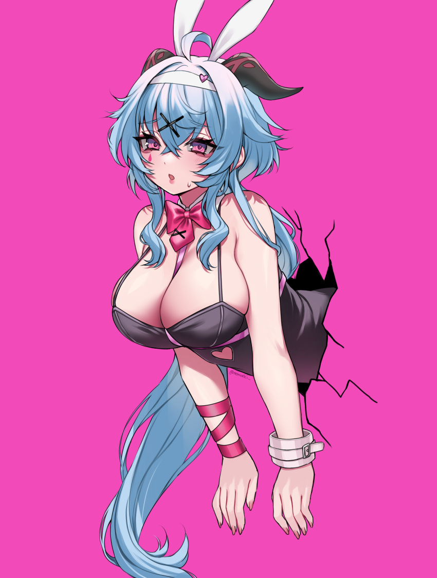 1girl absurdres ahoge animal_ears black_leotard blue_hair breasts cleavage commentary fake_animal_ears ganyu_(genshin_impact) genshin_impact hair_ornament hairband highres horns large_breasts leotard long_hair nemuaki pink_background playboy_bunny rabbit_ears rabbit_hole_(vocaloid) simple_background solo stuck through_wall x_hair_ornament