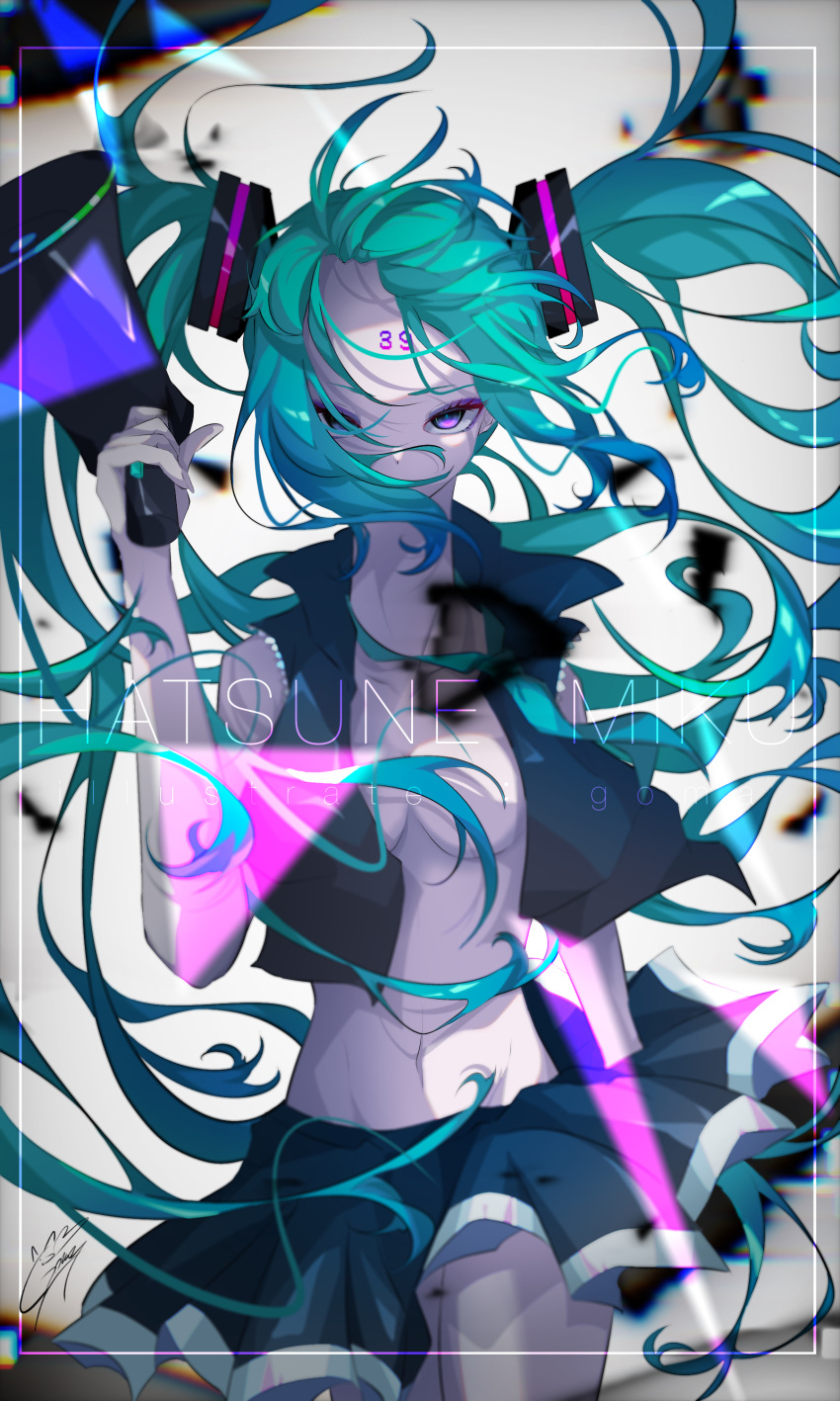 1girl absurdres aqua_eyes aqua_hair aqua_necktie breast_tattoo breasts closed_mouth colored_skin commentary cowboy_shot debris expressionless forehead goma_irasuto hair_ornament hatsune_miku headphones highres holding holding_megaphone koi_wa_sensou_(vocaloid) long_hair looking_at_viewer megaphone navel necktie open_clothes open_shirt parted_lips skirt sleeveless small_breasts solo standing tattoo twintails very_long_hair vocaloid white_skin