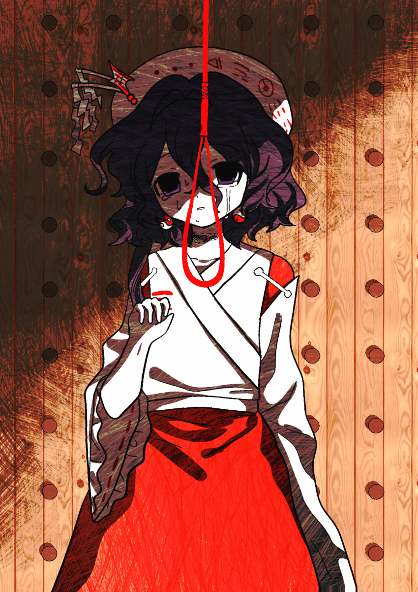 1girl bingkuaihei colored_skin cowboy_shot crying crying_with_eyes_open detached_sleeves flat_chest frilled_sleeves frills hair_between_eyes hair_intakes hand_up hat highres japanese_clothes kimono medium_hair moonlight's_anti-soul_(touhou) noose parted_lips portrait_of_exotic_girls purple_eyes purple_hair red_skirt ribbon-trimmed_sleeves ribbon_trim skirt sleeveless sleeveless_kimono solo tears touhou white_hat white_kimono white_skin white_sleeves