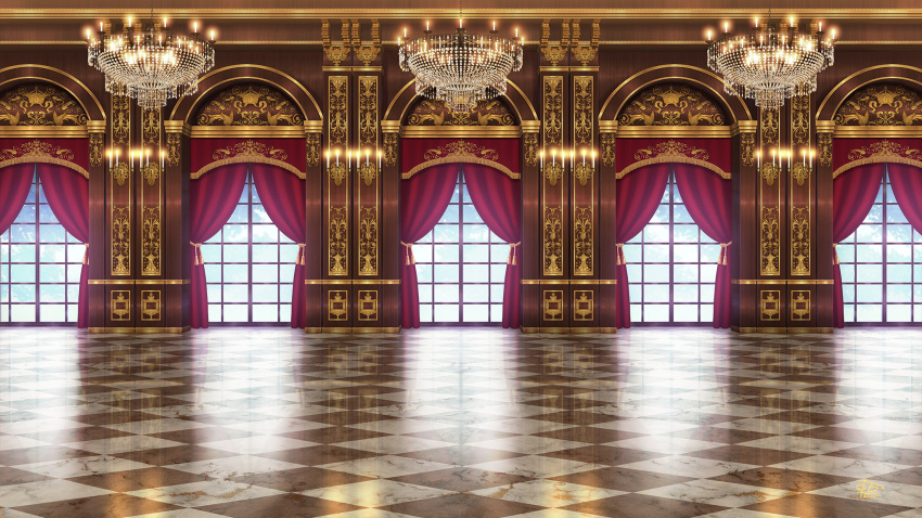 azuma_hatori ballroom candelabra candle candlestand chandelier checkered_floor curtains day european_architecture highres indoors muntins no_humans official_art prince_kingdom scenery window