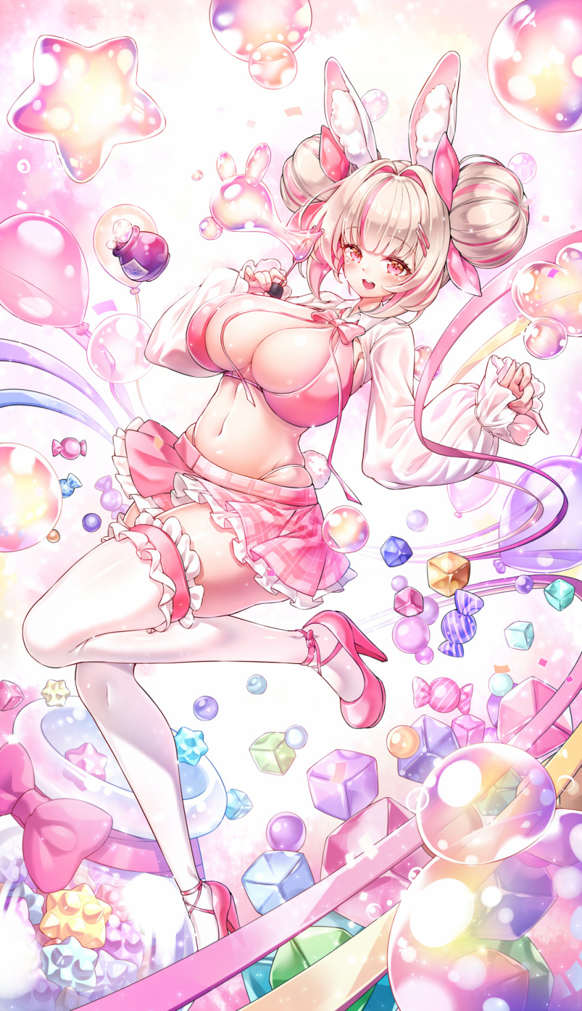 1girl :d animal_ears balloon blush breasts bubble_wand candy_wrapper cleavage commission cube double_bun frilled_skirt frills hair_bun hair_intakes hair_ornament hairclip hands_up high_heels highleg highleg_panties highres large_breasts light_brown_hair long_sleeves multicolored_hair navel original panties pink_footwear pink_hair pink_skirt pinky_out plaid plaid_skirt pleated_skirt poseich puffy_long_sleeves puffy_sleeves rabbit_ears rabbit_girl rabbit_tail red_eyes shoes shrug_(clothing) skindentation skirt sleeves_past_wrists smile solo star_(symbol) streaked_hair tail teeth thighhighs underwear upper_teeth_only white_panties white_thighhighs