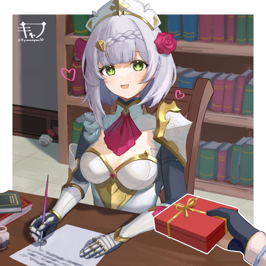 1girl 1other absurdres armor armored_dress ascot black_bodysuit bodysuit book bookshelf border box braid breastplate breasts commentary_request crown_braid flower gauntlets genshin_impact green_eyes grey_hair highres holding holding_box indoors kyanonpan50 looking_at_viewer medium_breasts noelle_(genshin_impact) open_mouth outline red_ascot red_flower red_rose rose short_hair shoulder_armor sitting smile too_many too_many_books upper_body white_border white_outline writing
