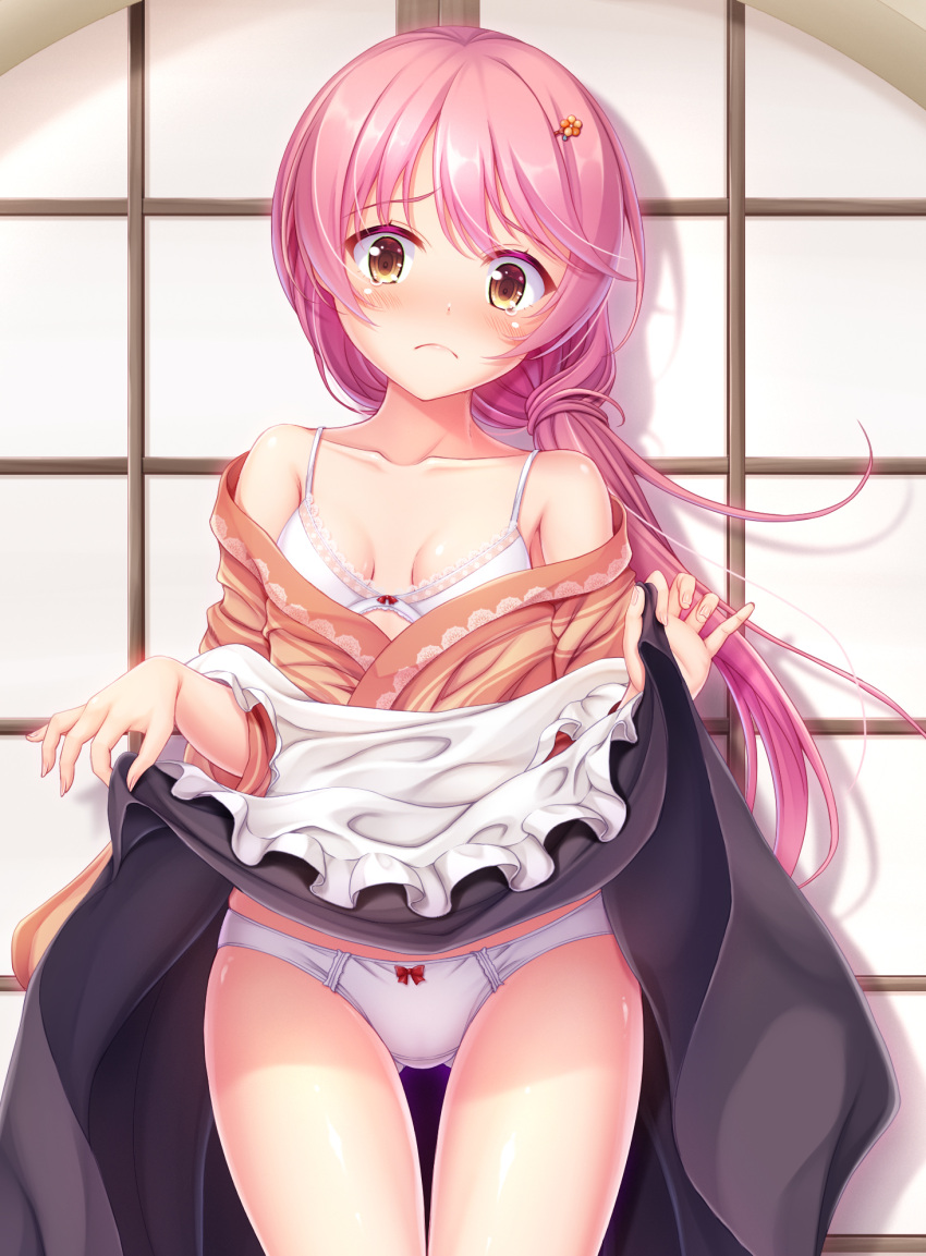 1girl :c ass_visible_through_thighs black_skirt blush bra breasts brown_eyes clothes_lift collarbone commentary_request commission cowboy_shot embarrassed floating_hair frown highres hiro_(725611) indoors kurama_koharu lifted_by_self long_hair panties pink_hair pixiv_commission senren_banka shiny_skin skirt skirt_lift small_breasts solo standing thigh_gap thighs underwear white_bra white_panties