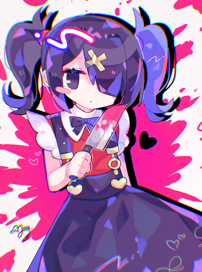 1girl ame-chan_(needy_girl_overdose) black_eyes black_hair black_ribbon black_skirt blood blood_on_weapon blood_splatter blush_stickers chromatic_aberration collared_shirt cowboy_shot hair_ornament hair_over_one_eye hand_up highres holding holding_knife knife long_hair looking_at_viewer neck_ribbon needy_girl_overdose pink_blood red_shirt ribbon shirt signature skirt solo standing sushiuma_m suspender_skirt suspenders twintails weapon x_hair_ornament