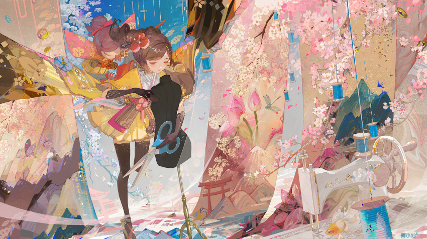 1girl architecture bird black_gloves black_thighhighs branch brown_hair bug building buttons character_doll cherry_blossoms chiori_(genshin_impact) choker crescent_moon dragonfly drill_hair drill_ponytail east_asian_architecture fabric fish flower full_body genshin_impact gloves goldfish grey_kimono hair_flower hair_ornament hair_stick haori heel-less_heels highres holding holding_scissors jacket japanese_clothes kimono kimono_skirt long_hair looking_at_object lotus mannequin moon mountain okobo oversized_object pink_flower pleated_skirt red_eyes red_flower red_sash ribbon_choker sandals sash scissors sewing_machine skirt smile solo spool standing standing_on_one_leg swallow_(bird) swept_bangs tamoto_(genshin_impact) thighhighs thread torii white_flower wide_sleeves wu_xiao_xian yellow_jacket yellow_skirt