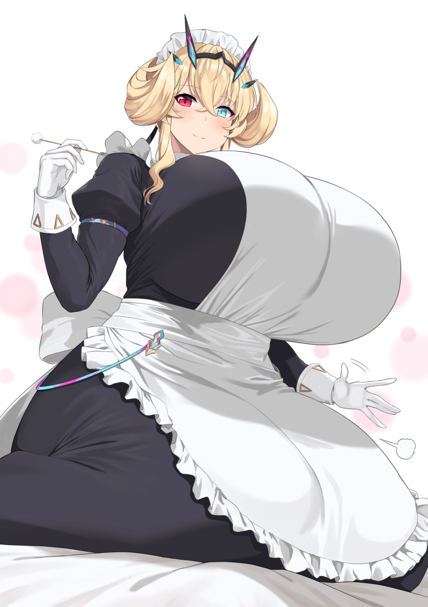 apron barghest_(fate) barghest_(swimsuit_archer)_(fate) barghest_(swimsuit_archer)_(second_ascension)_(fate) beckoning black_dress blonde_hair breasts coll collared_dress daien dress fate/grand_order fate_(series) gigantic_breasts gloves heterochromia highres horns maid maid_headdress mimikaki white_apron white_gloves
